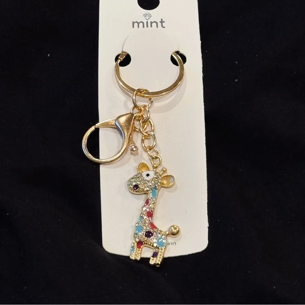 BAG CHARM Mint Giraffe Rhinestone Keychain Gold Tone NWT Blue